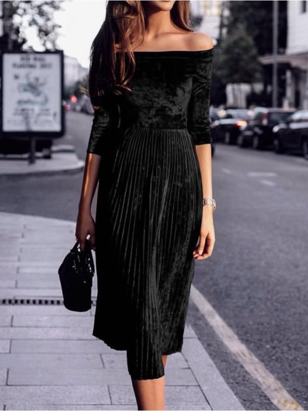 Off-Shoulder Black Velvet Pleated Midi Dress